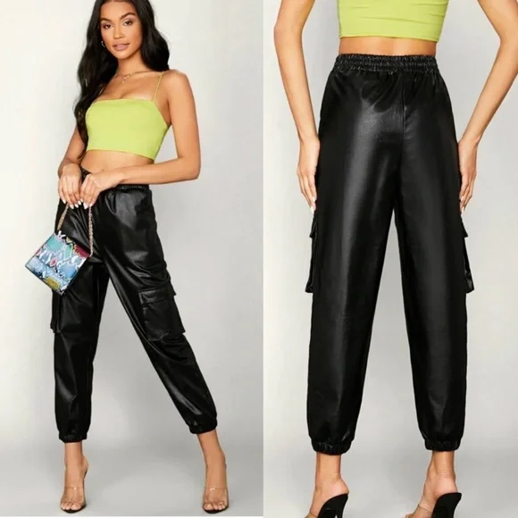 Nwt SHEIN Black Faux Leather Cargo Pants L - Picture 2 of 7